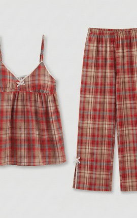 Sweet Lace Red Plaid Ribbon Pajama Set / V Neck