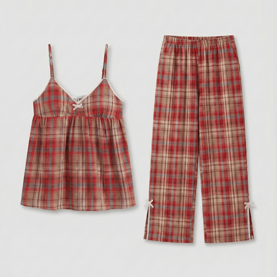 Sweet Lace Red Plaid Ribbon Pajama Set / V Neck