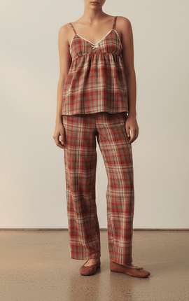 Sweet Lace Red Plaid Ribbon Pajama Set / V Neck