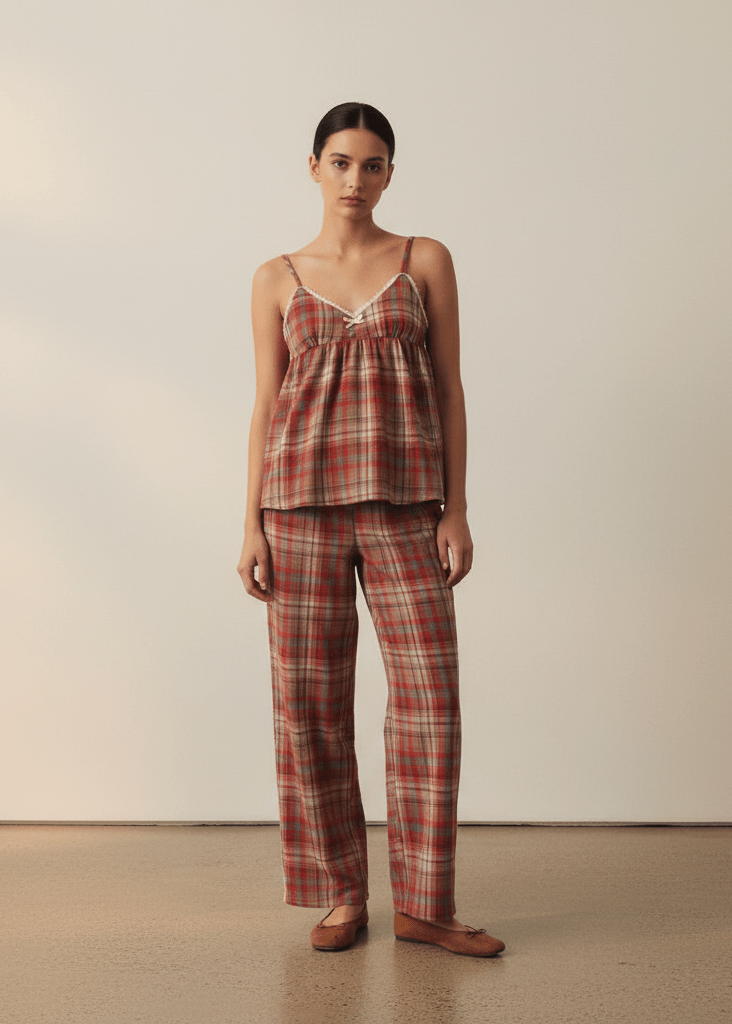  - Ever Lasting - Sweet Lace Red Plaid Ribbon Pajama Set / V Neck - Pajamas - Ever Lasting