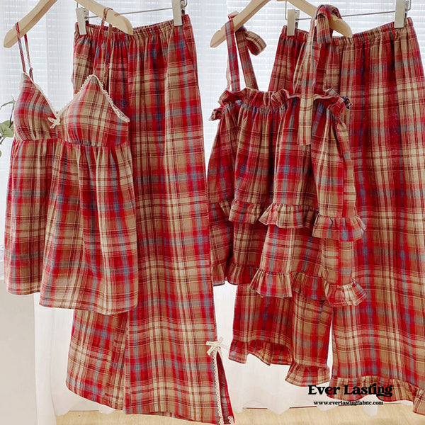 Sweet Lace Red Plaid Ruffle Pajama Set / Tied Straps Pajamas