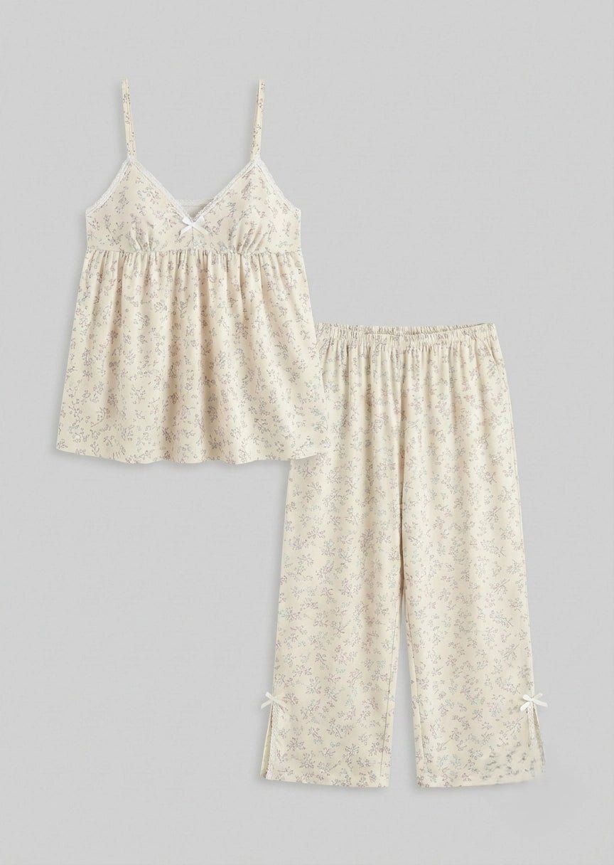  - Ever Lasting - Sweet Lace White & Pink Floral Ribbon Pajama Set / V Neck - Pajamas - Ever Lasting