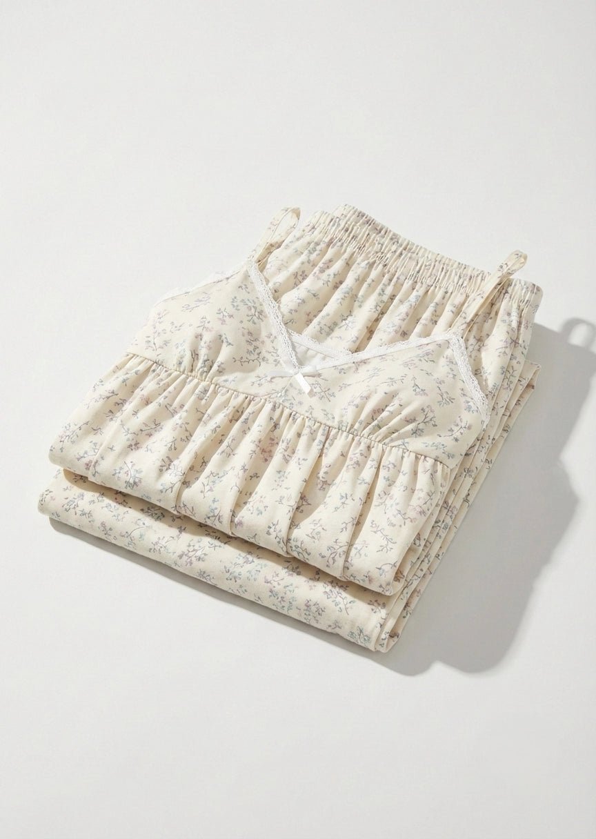  - Ever Lasting - Sweet Lace White & Pink Floral Ribbon Pajama Set / V Neck - Pajamas - Ever Lasting