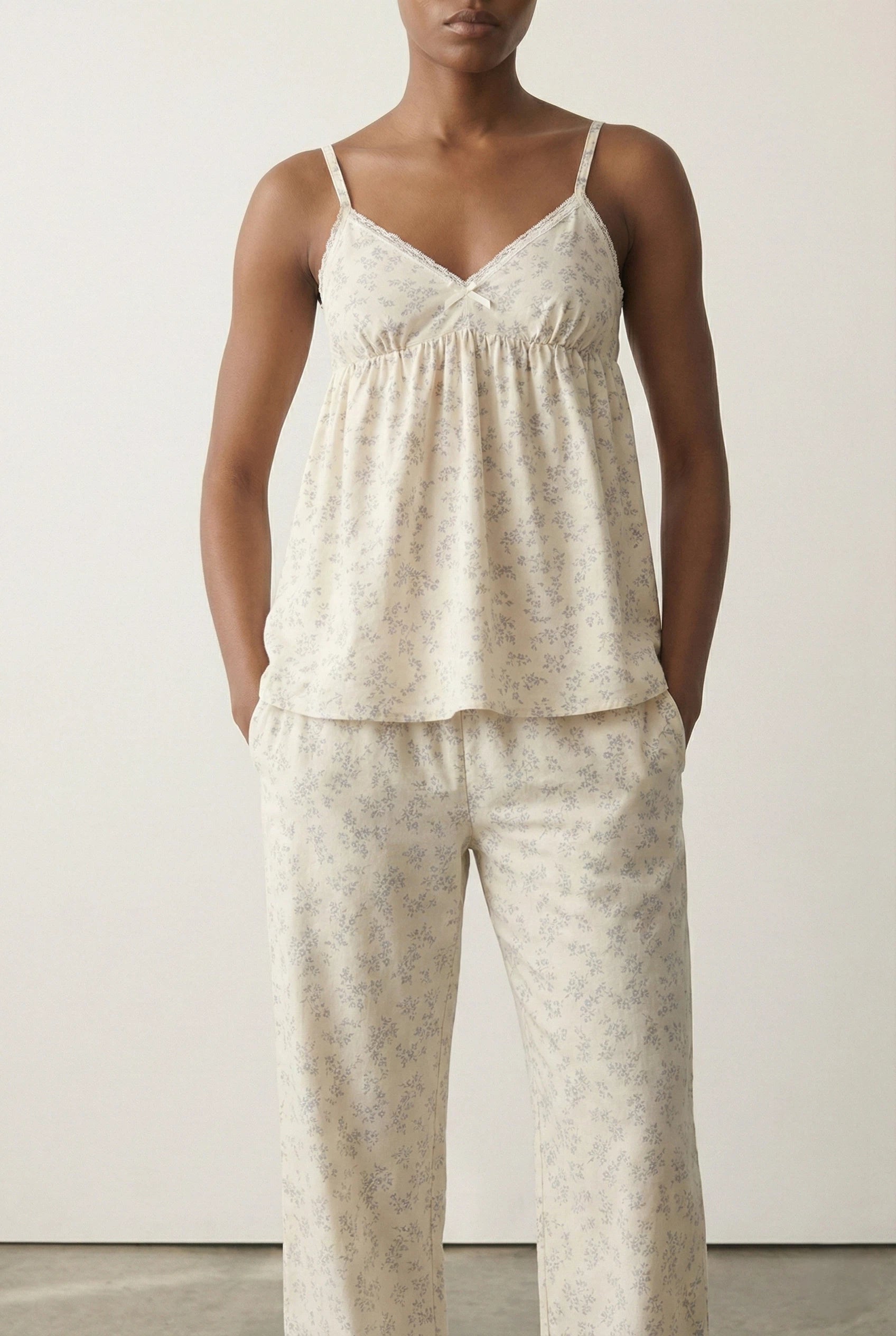  - Ever Lasting - Sweet Lace White & Pink Floral Ribbon Pajama Set / V Neck - Pajamas - Ever Lasting
