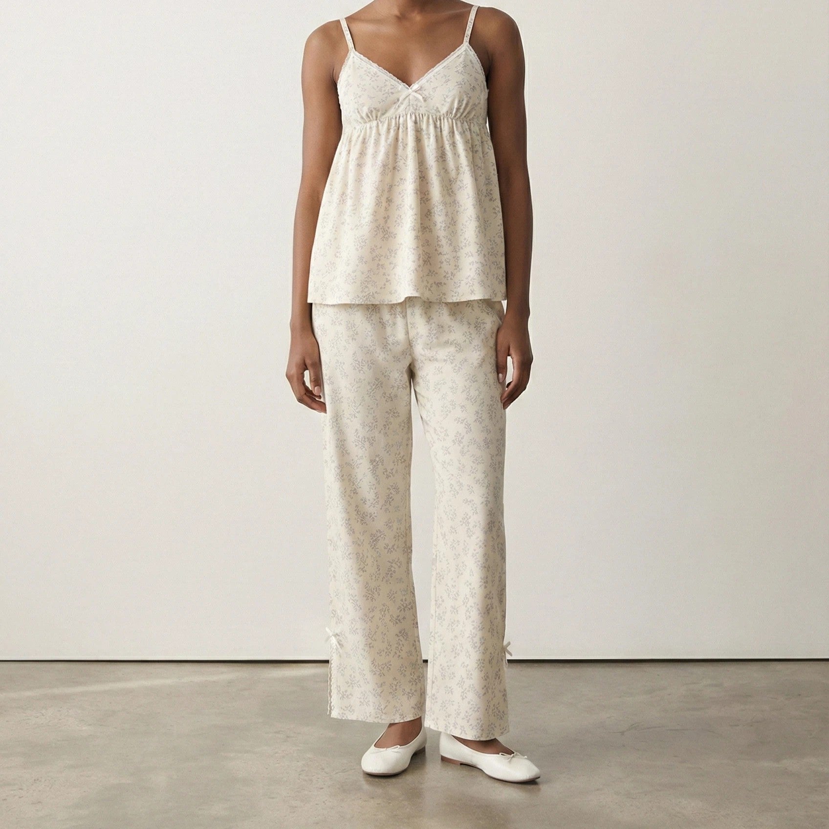  - Ever Lasting - Sweet Lace White & Pink Floral Ribbon Pajama Set / V Neck - Pajamas - Ever Lasting