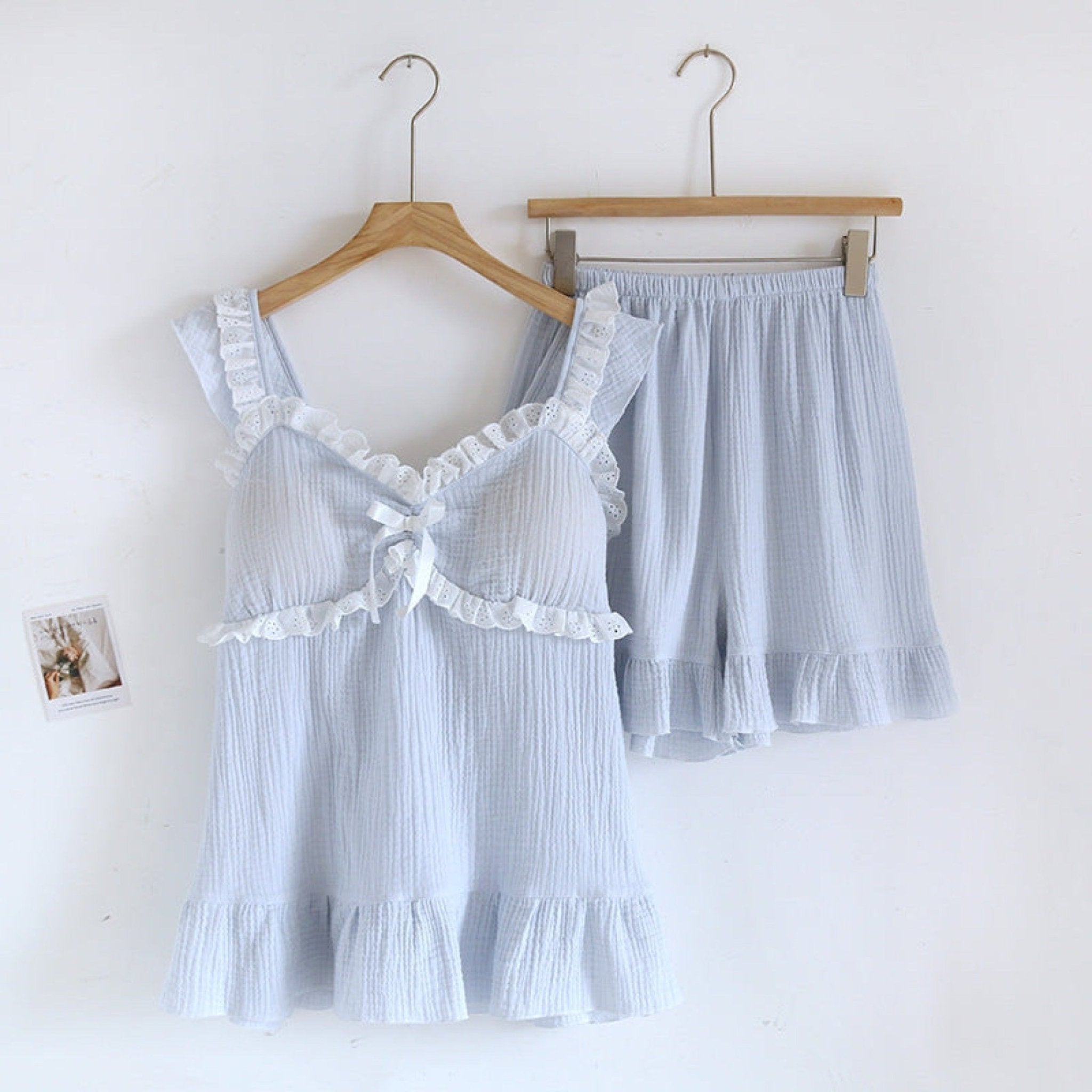 Sweet Ruffle Shorts Pajama Set / Blue - Ever Lasting