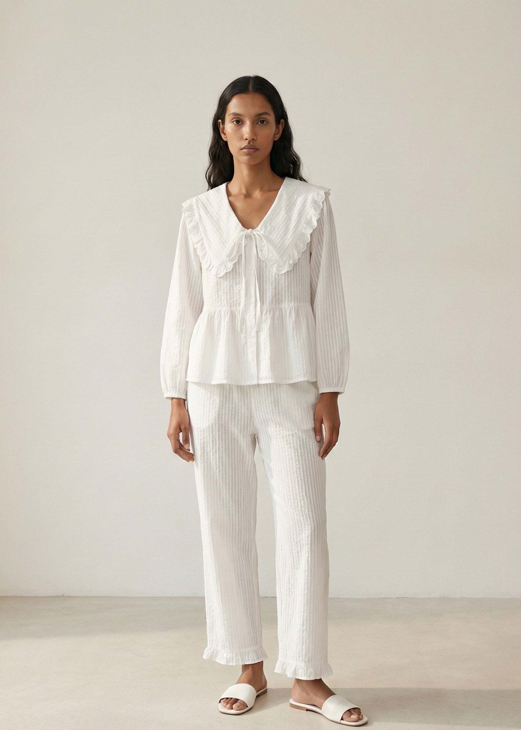  - Ever Lasting - Talia Jacquard Lace Strap Pajama Set / White - Pajamas - Ever Lasting