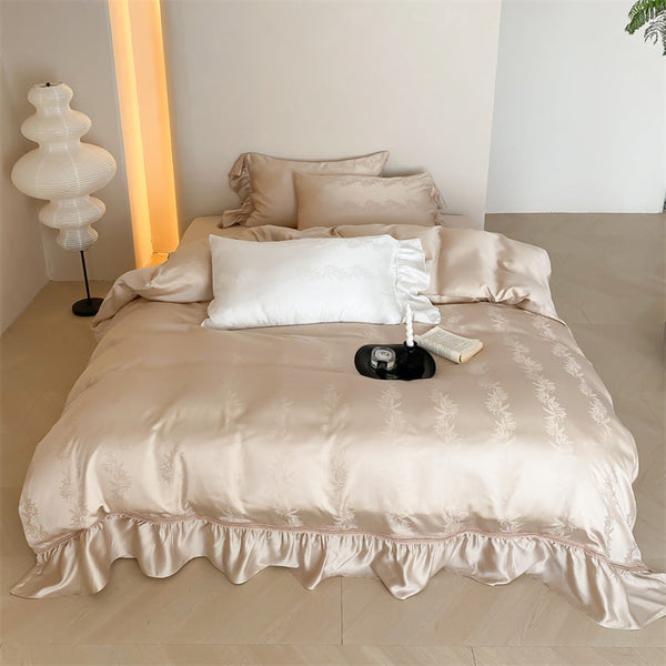 Tencel Silky Floral Ruffle Bedding Set / Champagne Bronze Medium Flat