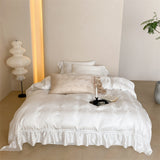 Tencel Silky Floral Ruffle Bedding Set / Champagne Bronze White Medium Flat