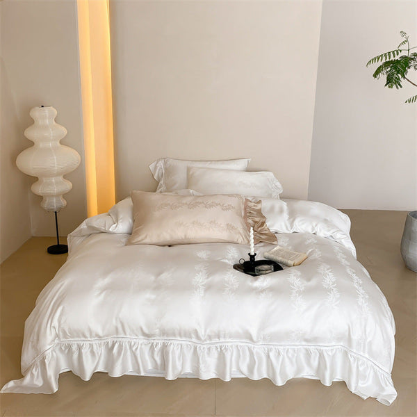 Tencel Silky Floral Ruffle Bedding Set / Snow White Medium Flat