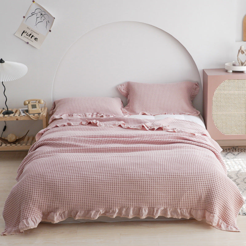 Textured Ruffle Cotton Blanket / Beige Pink Small Blankets