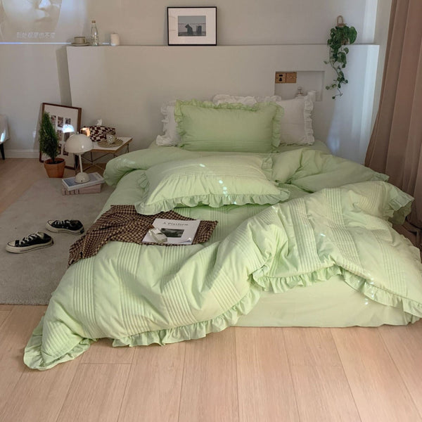 Thickened Pastel Textured Ruffle Bedding Set / Green Small Flat