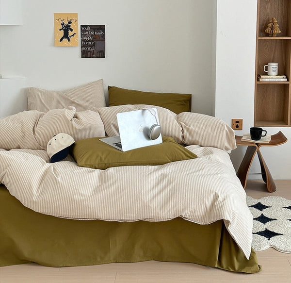 Thin Stripe Bedding Set / Beige & Olive Green Small Flat