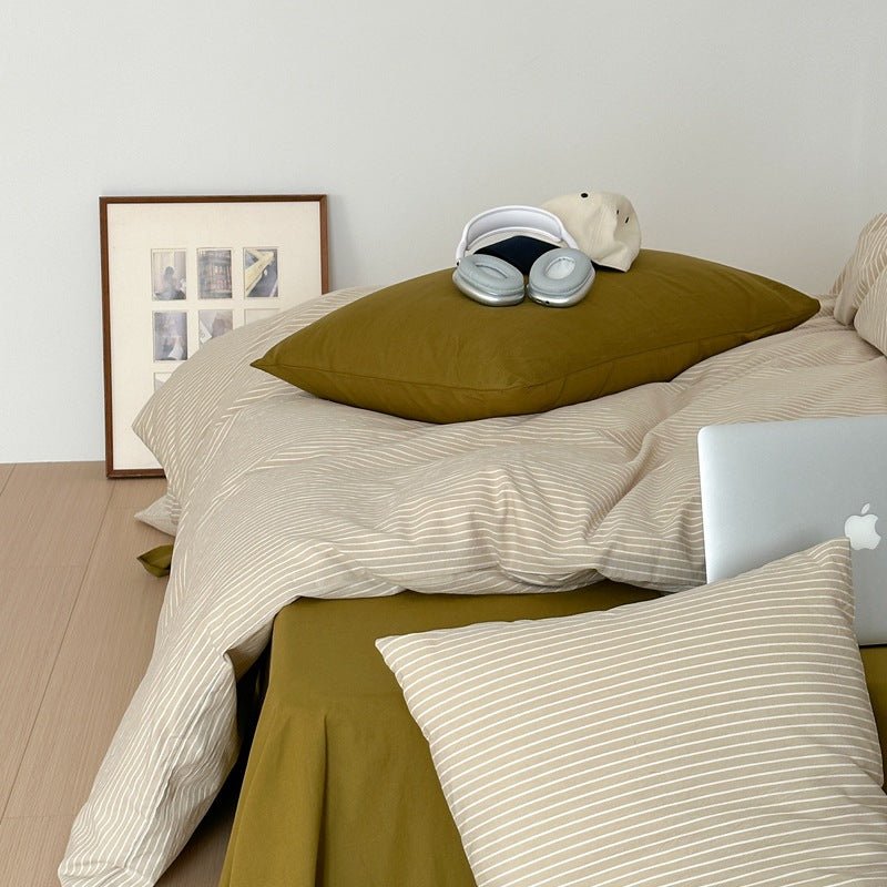  - Ever Lasting - Thin Striped Bedding Set / Beige & Olive Green - Bedding Set - Ever Lasting