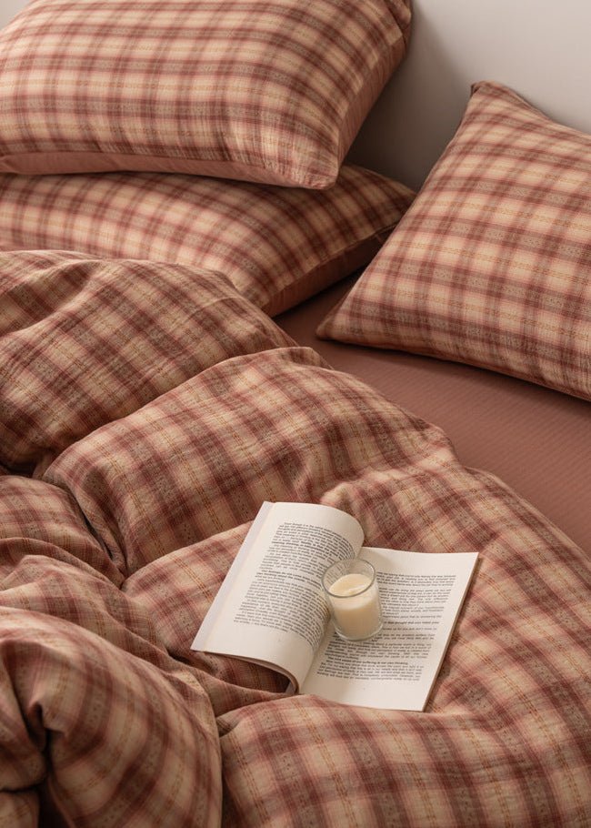  - Ever Lasting - Valentina Gingham Jacquard Bedding Set / Brown - Bedding Set - Ever Lasting