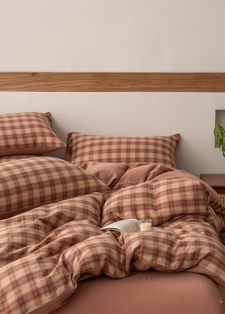  - Ever Lasting - Valentina Gingham Jacquard Bedding Set / Brown - Bedding Set - Ever Lasting