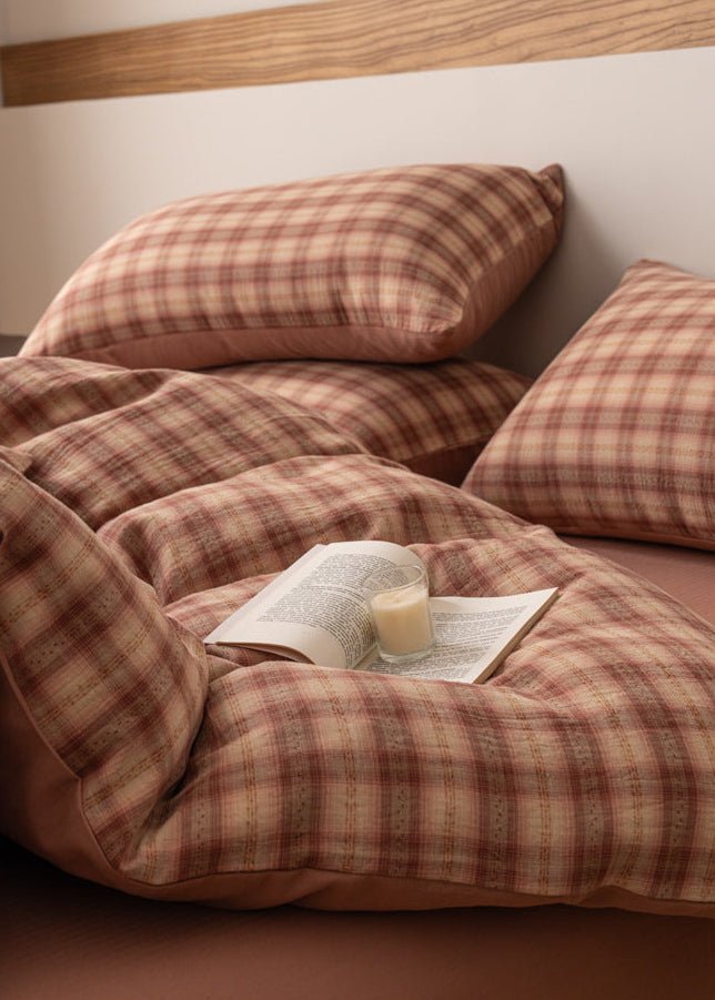  - Ever Lasting - Valentina Gingham Jacquard Bedding Set / Brown - Bedding Set - Ever Lasting
