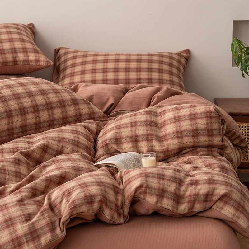  - Ever Lasting - Valentina Gingham Jacquard Bedding Set / Brown - Bedding Set - Ever Lasting