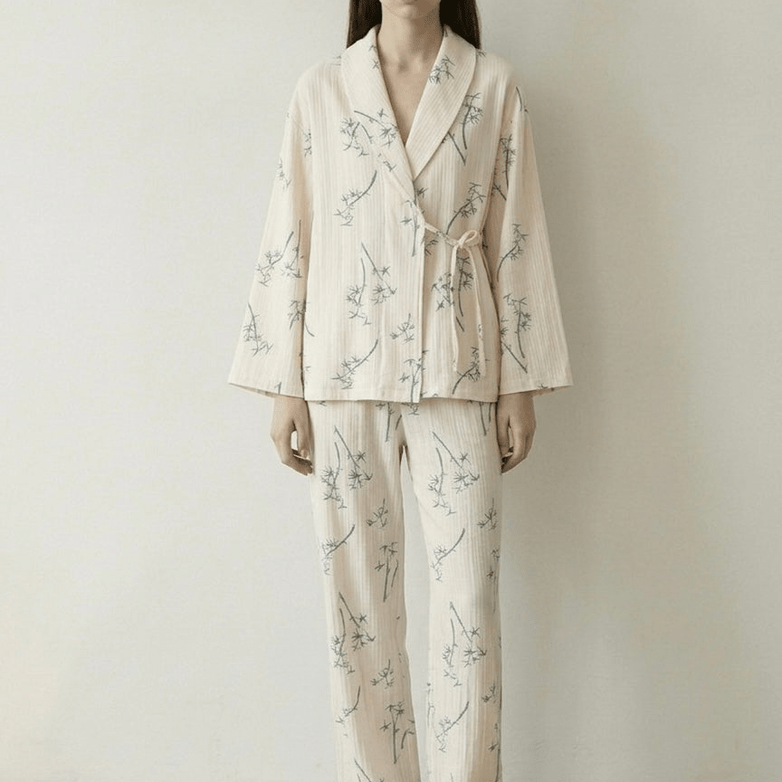 -Ever Lasting - Velune Double Gauze Floral Pajama Set / Beige -Pajamas -Ever Lasting