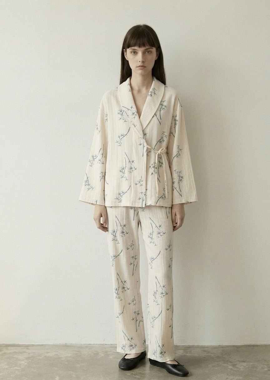 -Ever Lasting - Velune Double Gauze Floral Pajama Set / Beige -Pajamas -Ever Lasting