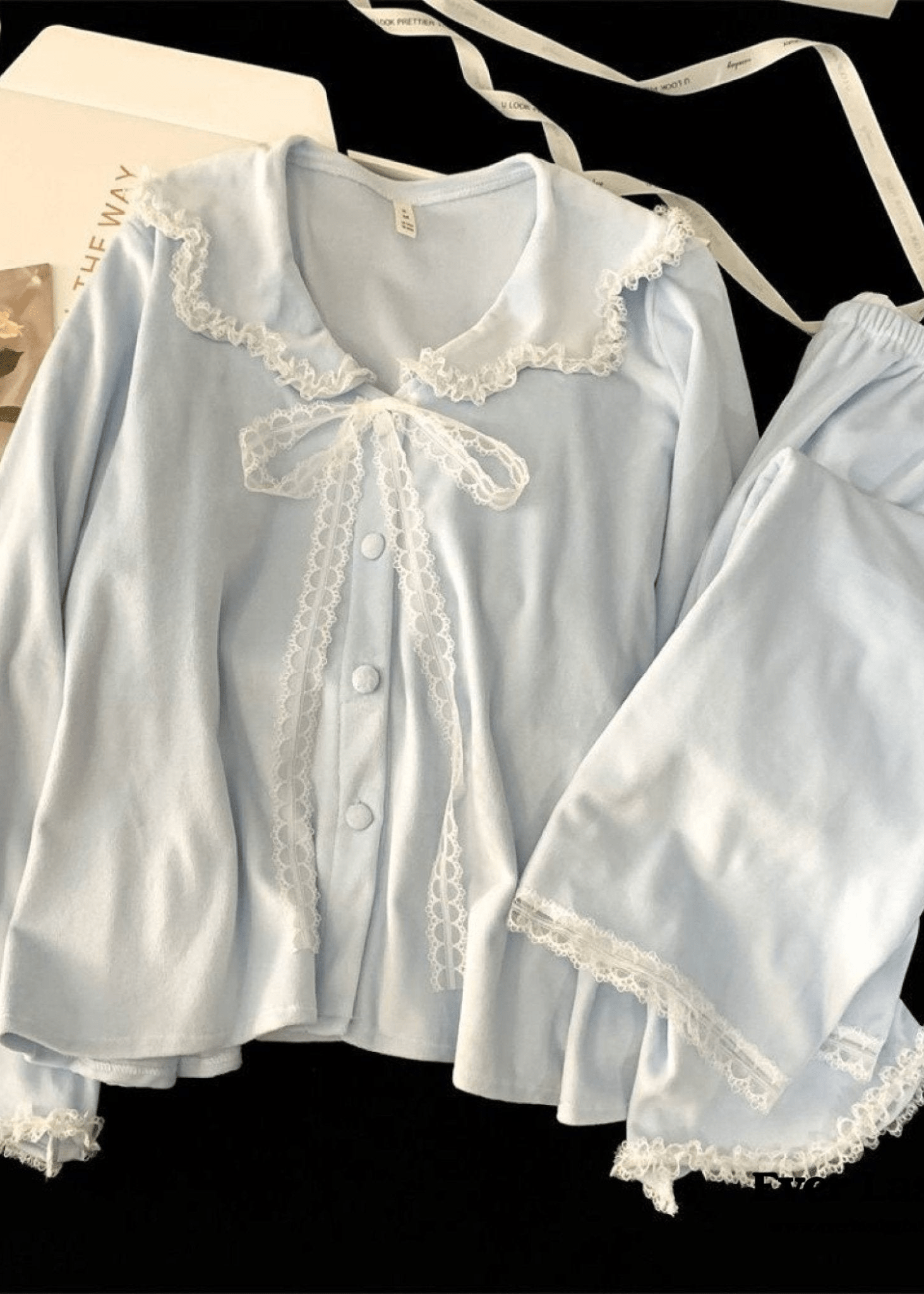  - Ever Lasting - Velvet Coquette Lace Pajama Set / Blue (Final Sale) - Pajamas - Ever Lasting