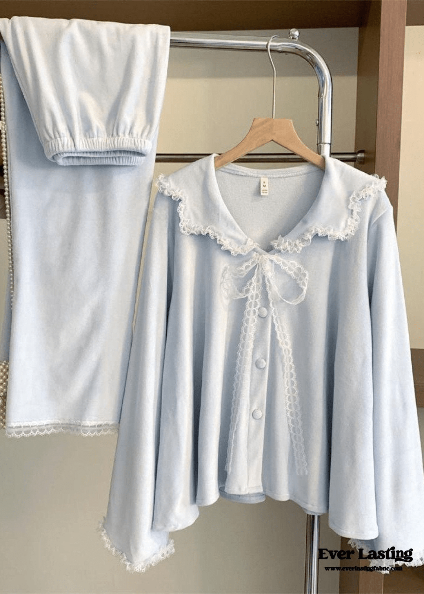  - Ever Lasting - Velvet Coquette Lace Pajama Set / Blue (Final Sale) - Pajamas - Ever Lasting