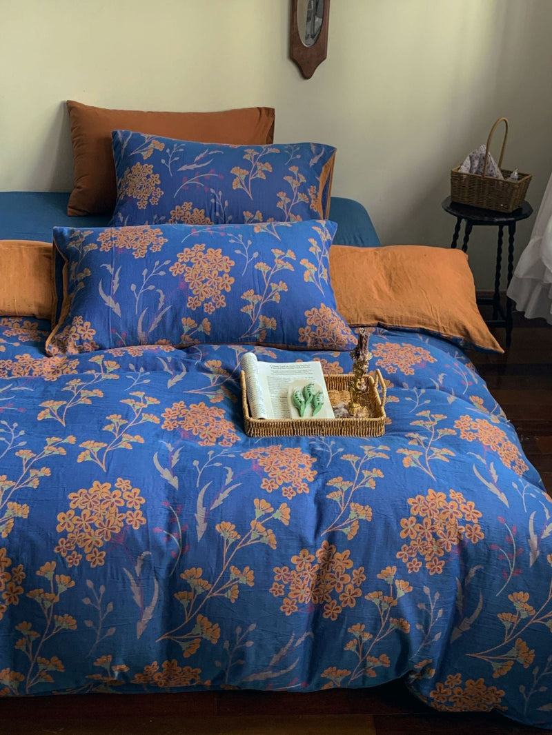 Vibrant Vintage Double Layered Floral Bedding Set Blue / Medium Flat