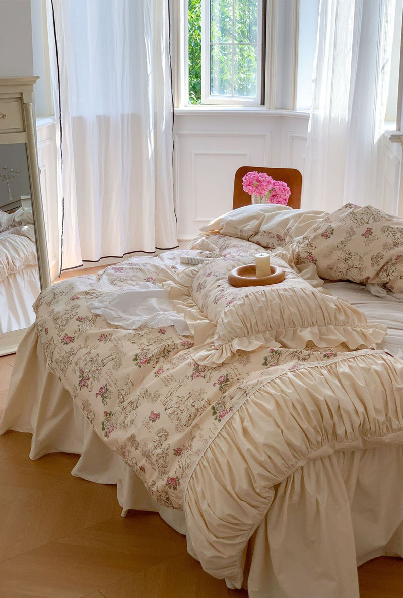 Victorian Inspired Ruffle Bedding Set / Cotton Yellow Pink Medium Bed Skirt
