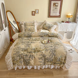 Victorian Inspired Ruffle Bedding Set / Champaign Blue Cotton Yellow Medium Bed Skirt