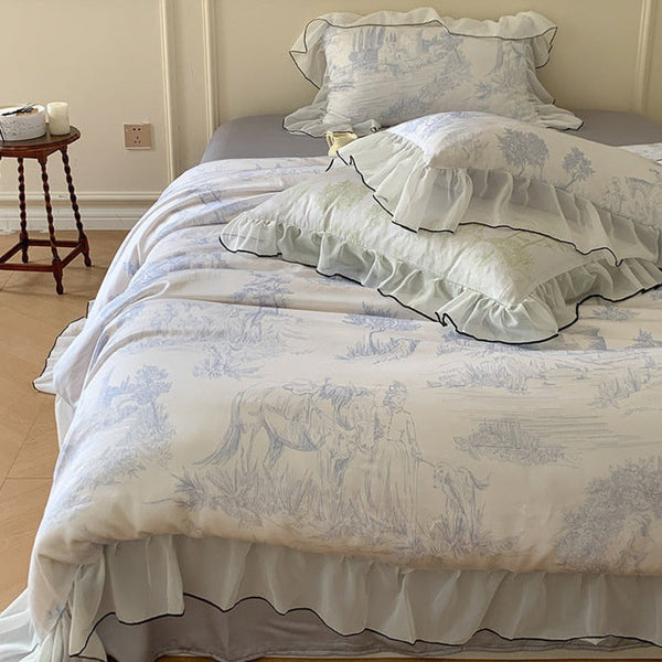Victorian Inspired Soft Lace Ruffle Bedding Bundle Blue / Small/Medium Fitted