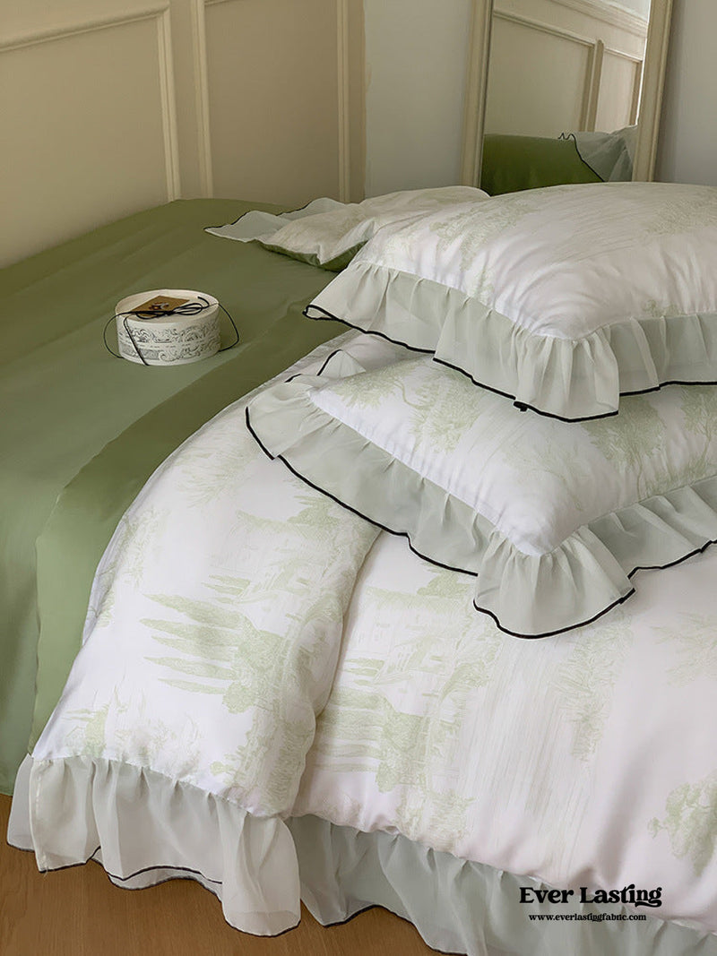 Victorian Inspired Soft Lace Ruffle Bedding Set / Green