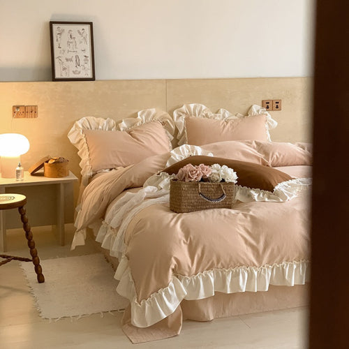 Vintage Large Ruffle Bedding Set Pink / Small Flat
