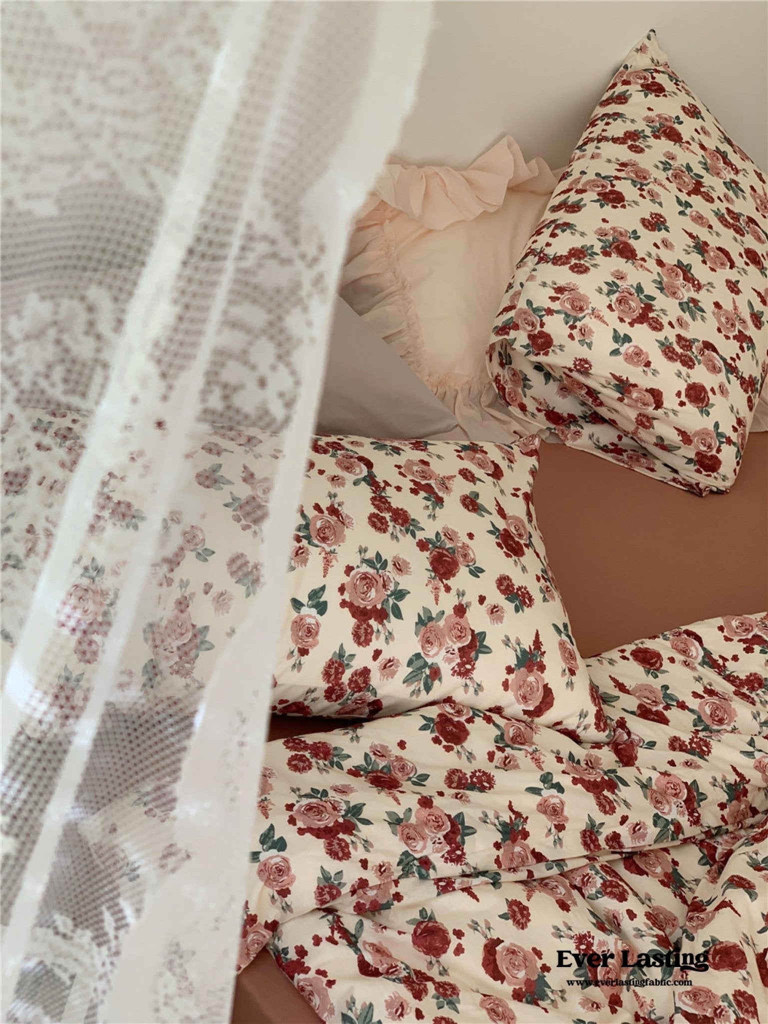  - Ever Lasting - Vintage Floral Jersey Knit Bedding Set / Maroon Red - Bedding Set - Ever Lasting