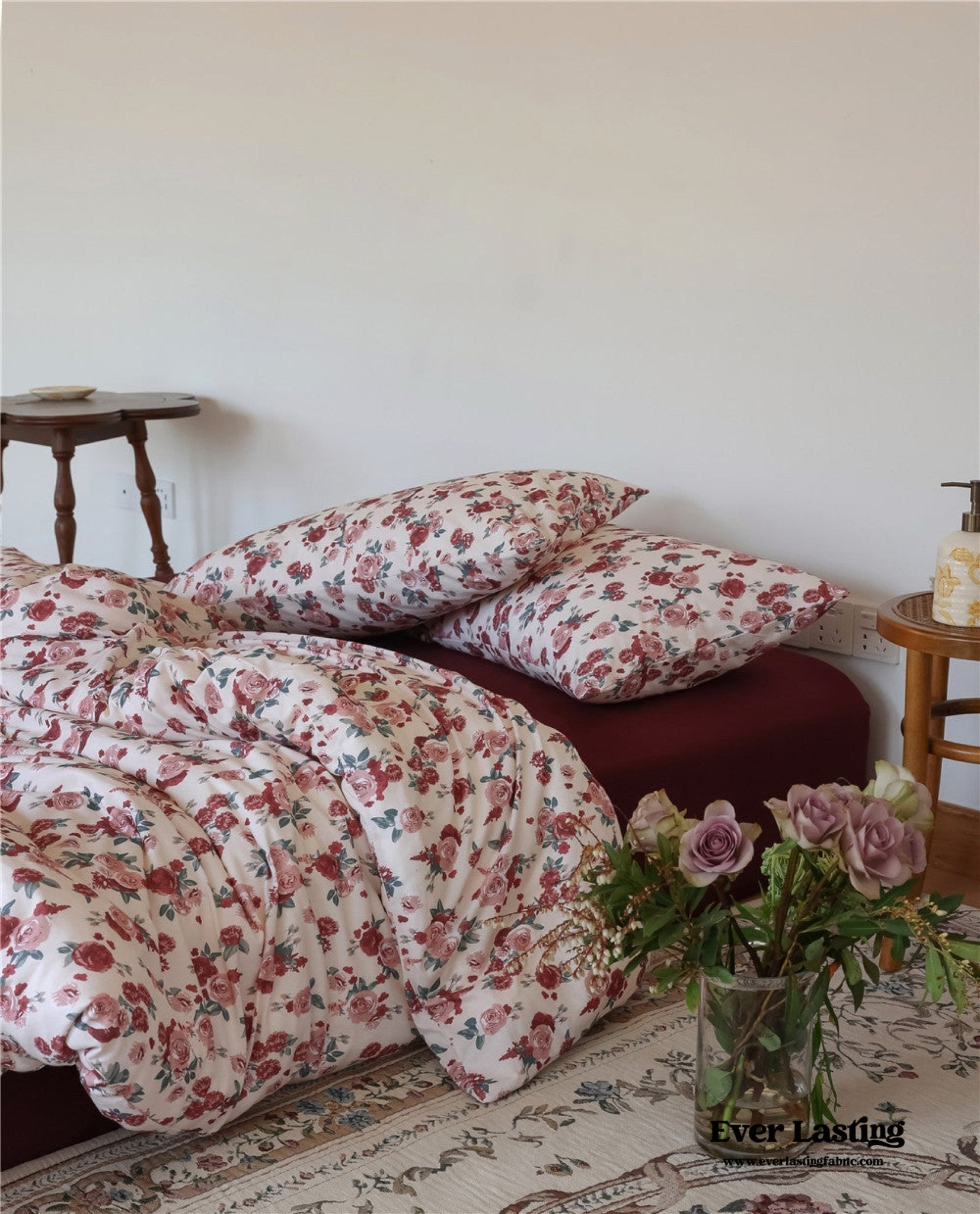 - Ever Lasting - Vintage Floral Jersey Knit Bedding Set / Maroon Red - Bedding Set - Ever Lasting