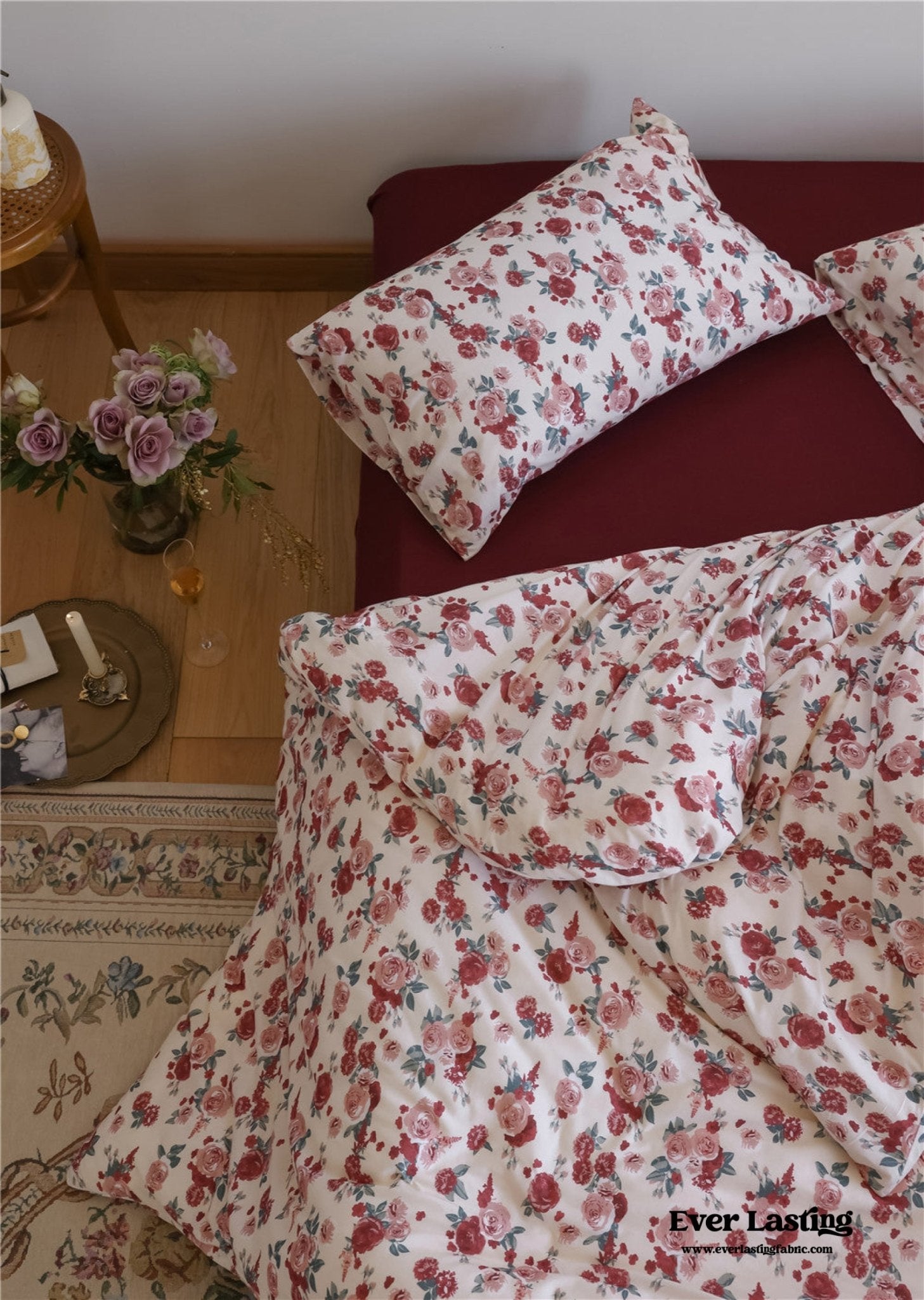  - Ever Lasting - Vintage Floral Jersey Knit Bedding Set / Maroon Red - Bedding Set - Ever Lasting