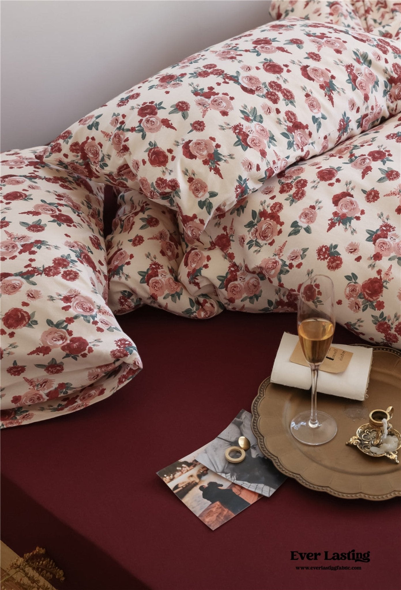  - Ever Lasting - Vintage Floral Jersey Knit Bedding Set / Maroon Red - Bedding Set - Ever Lasting