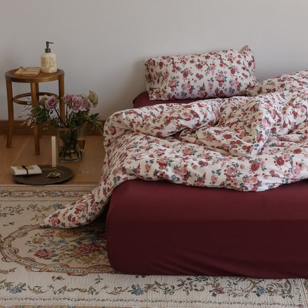 Vintage Floral Jersey Knit Bedding Set / Maroon Red Small Flat