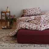 Vintage Floral Jersey Knit Bedding Set / Rust Pink Red Small Flat