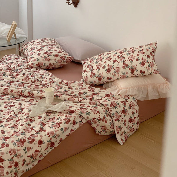 Vintage Floral Jersey Knit Bedding Set / Rust Pink Small Flat