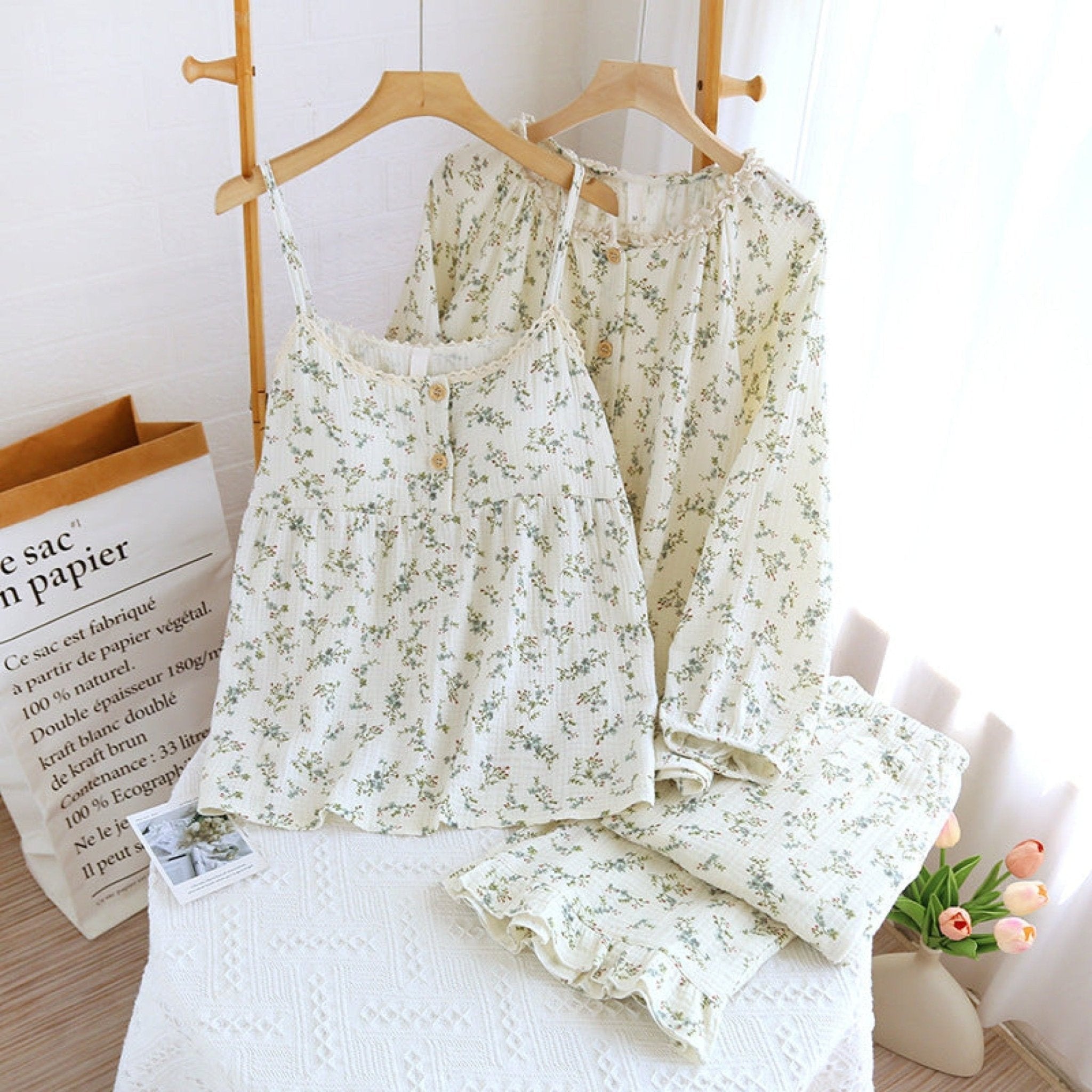 Vintage Floral Tank Cardigan and Long Pants Pajama Set / Yellow - Ever Lasting