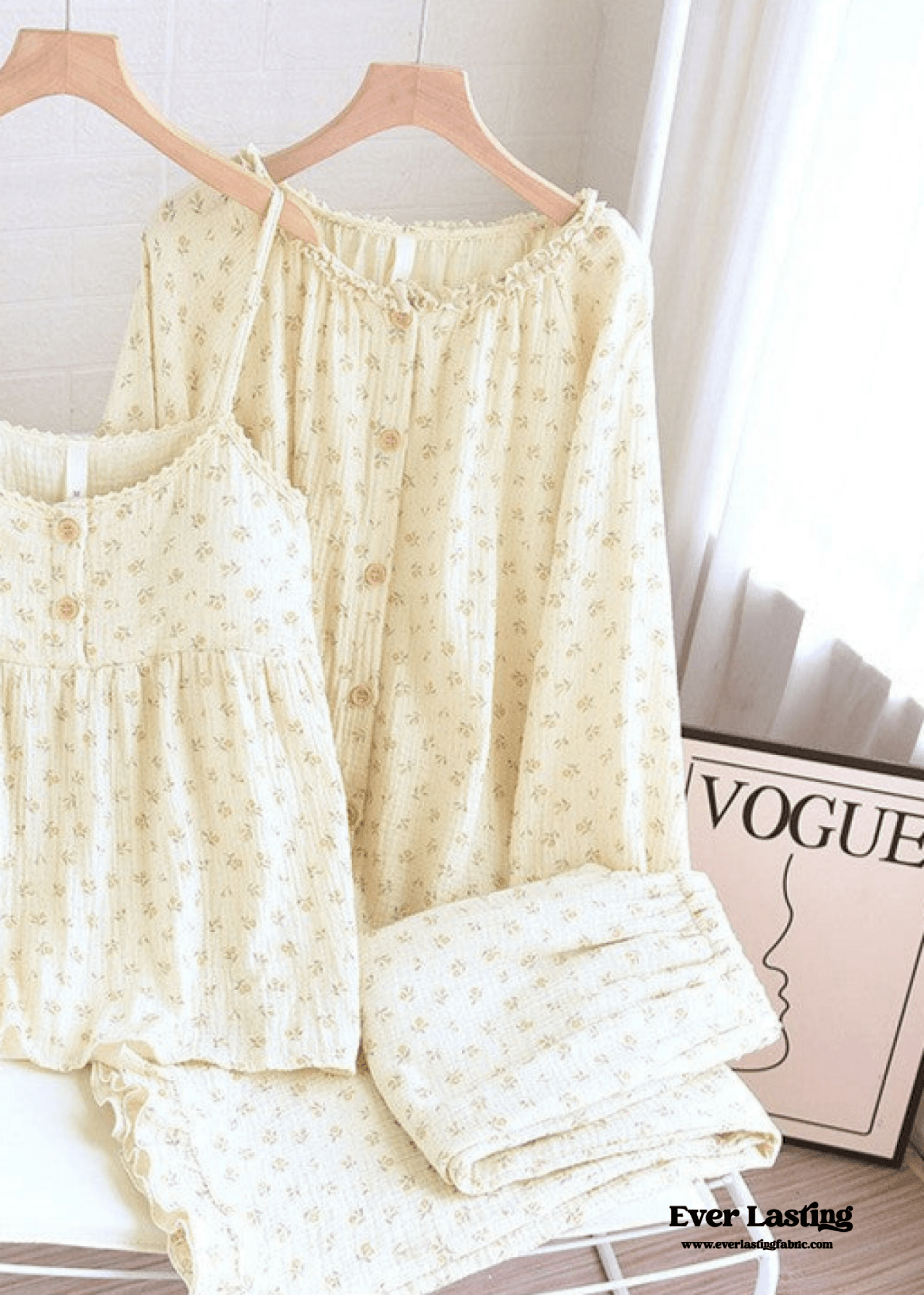 Vintage Floral Tank Cardigan and Long Pants Pajama Set / Yellow - Ever Lasting