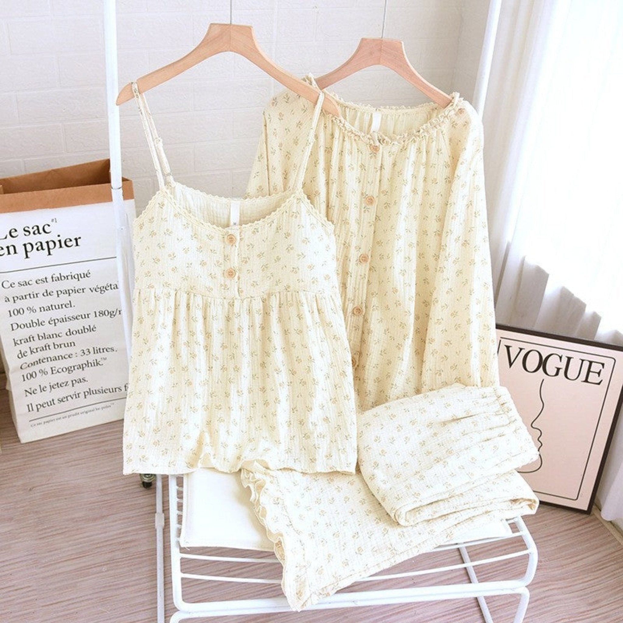 Vintage Floral Tank Cardigan and Long Pants Pajama Set / Yellow - Ever Lasting