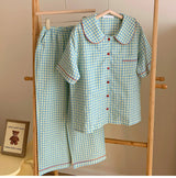 Vintage Inspired Plaid Shorts Pajama Set / Blue Gingham Pants Pajamas