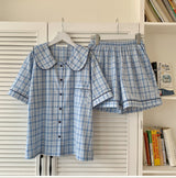 Vintage Inspired Plaid Shorts Pajama Set / Blue Pajamas