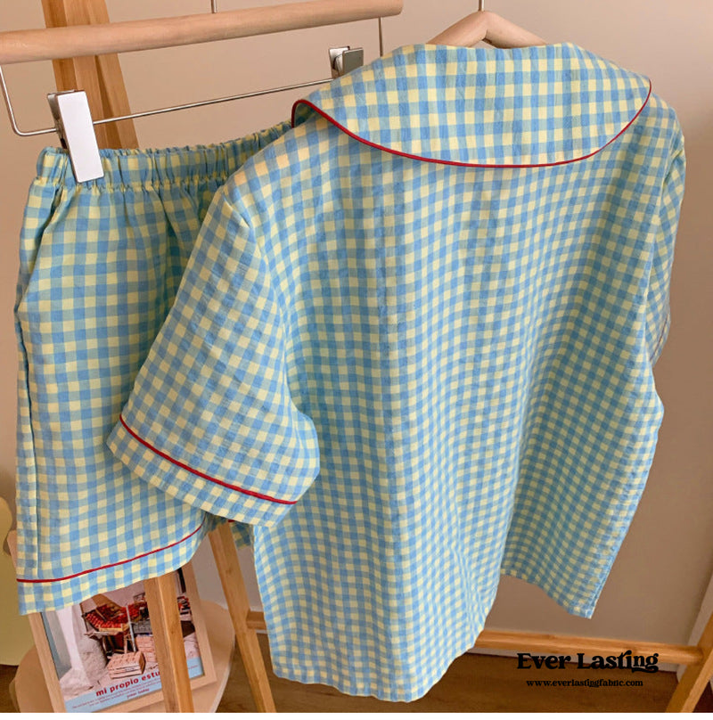 Vintage Inspired Plaid Shorts Pajama Set / Blue Pajamas