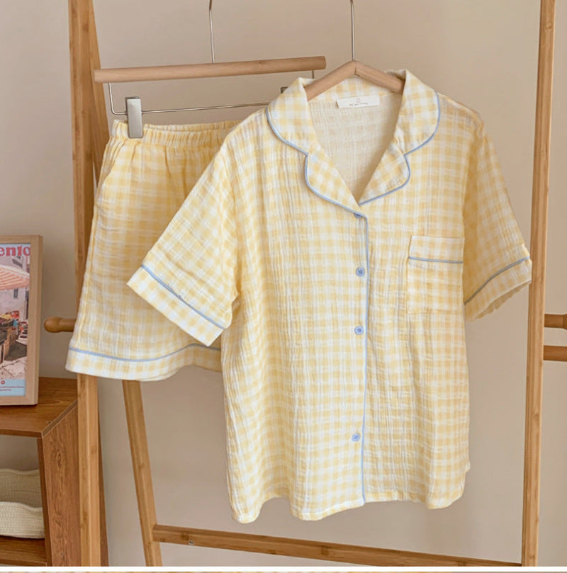 Vintage Inspired Plaid Shorts Pajama Set / Blue Yellow Gingham Pajamas