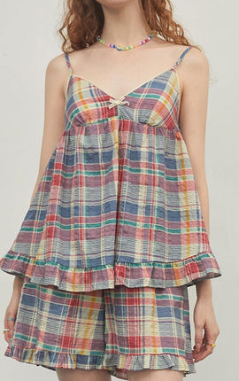 Vintage Inspired Plaid Tank Shorts Pajama Set