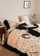 Vintage Inspired Silky Floral Ruffle Bedding Set / Black Pink