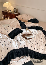 Vintage Inspired Silky Floral Ruffle Bedding Set / Purple Black