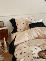 Vintage Inspired Silky Floral Ruffle Bedding Set / Purple Black